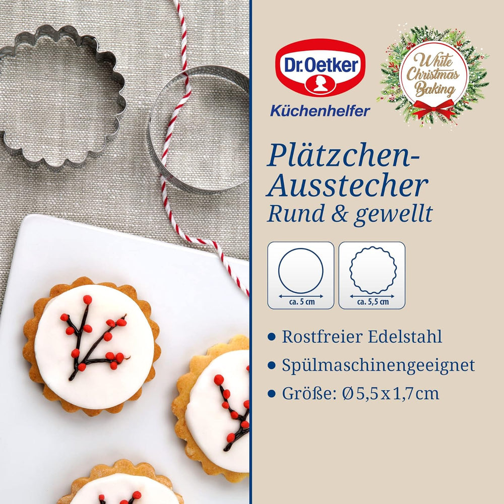 Dr. Oetker Lot de 2 emporte-pièces ronds et ondulés - Emporte-pièces motif Noël blanc - Emporte-pièces en acier inoxydable pour Noël