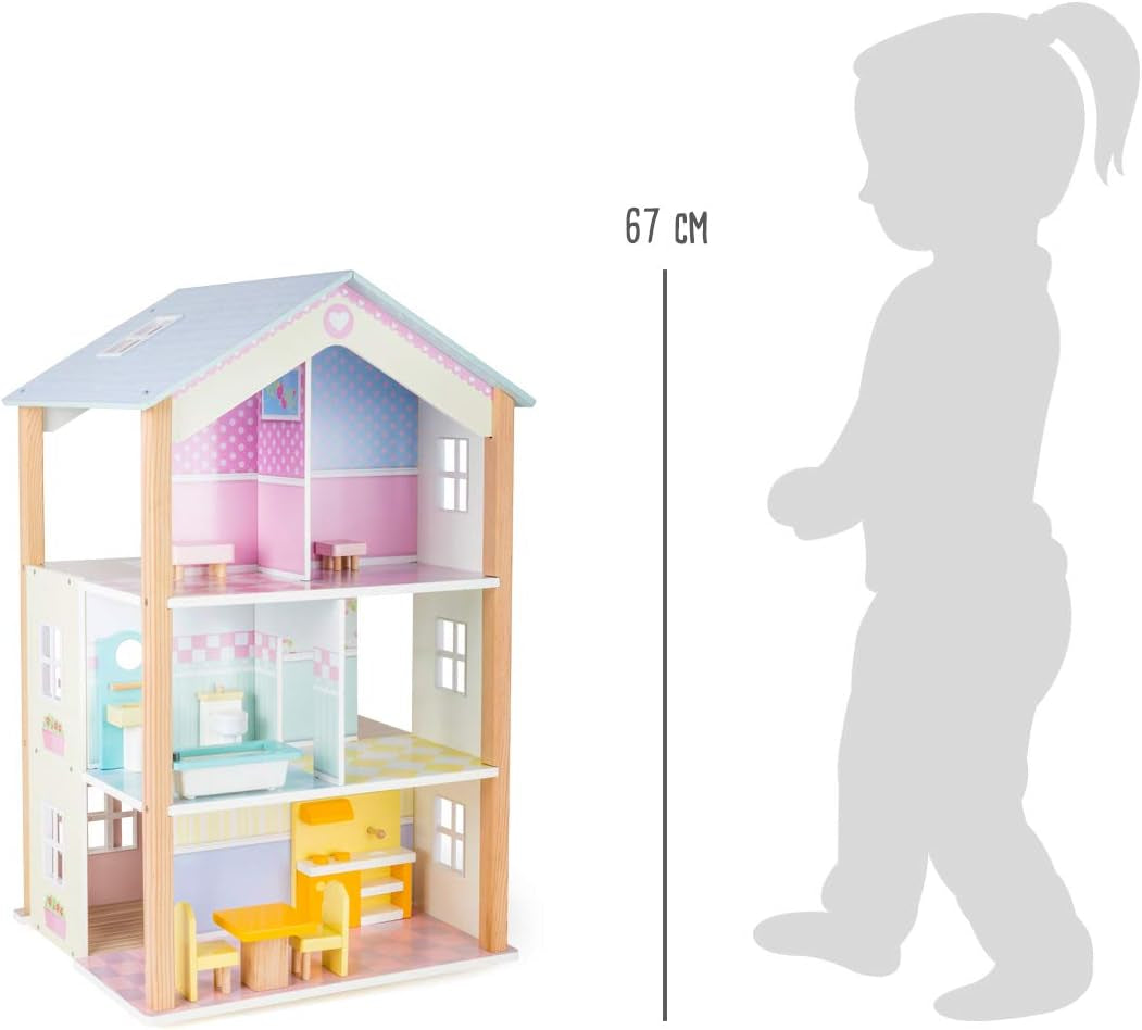 Small Foot 11192 Maison de poupée tournante en bois à 3 étages avec meubles jouets multicolore 37 x 40 x 67 cm Naty Shop Doll Houses