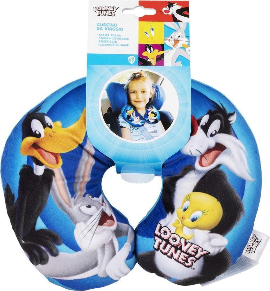 Warner Bros Looney Tunes Oreiller cervical pour bébé fille - Doux - Voiture de voyage - Bugs Bunny Daffy Duck Silvestro Titti - Confort - Bleu Naty Shop