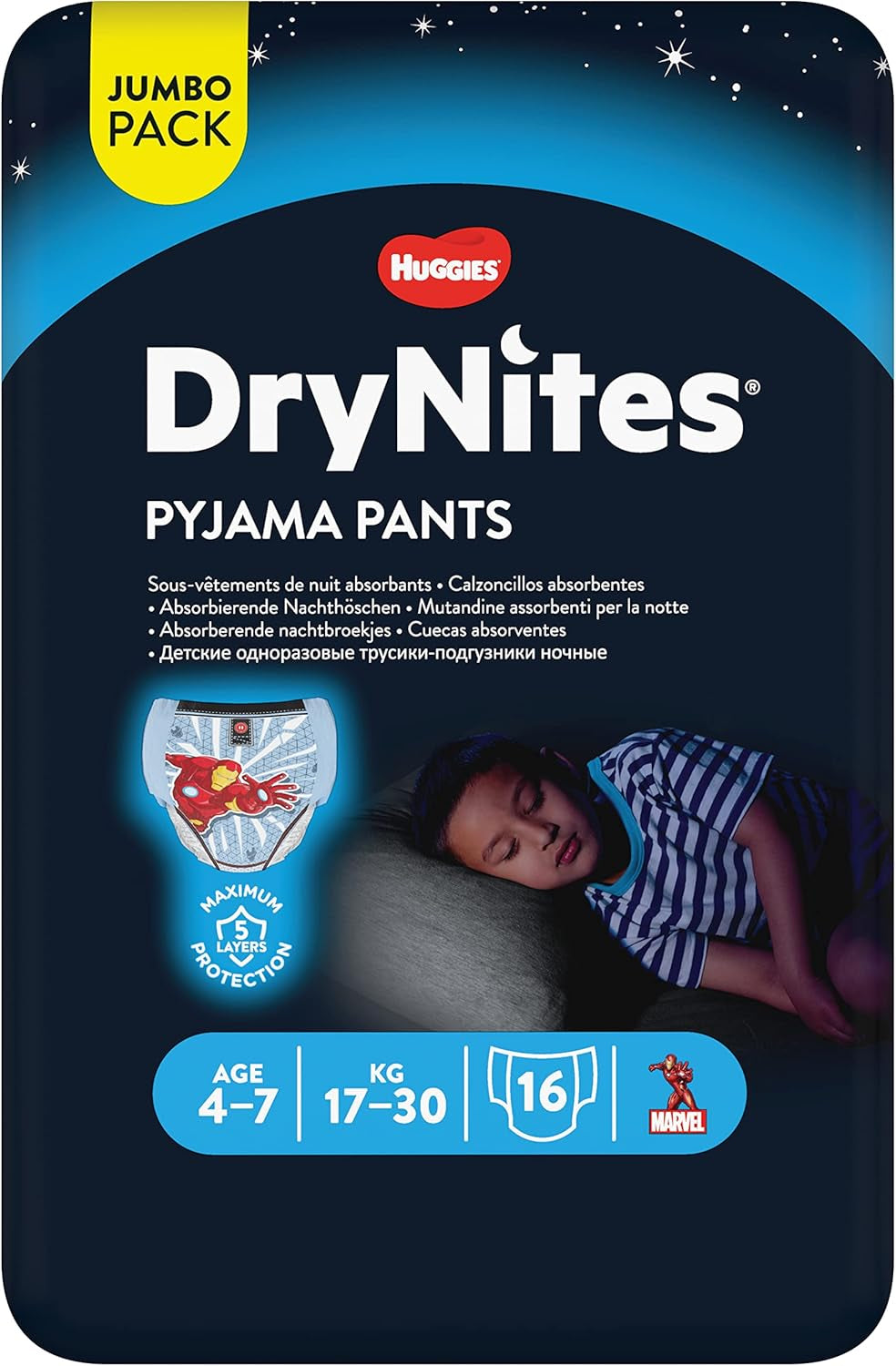 DryNites Couches absorbantes pour énurésie nocturne pour garçons de 4 à 7 ans (17 à 30 kg), paquet mensuel géant, 64 unités