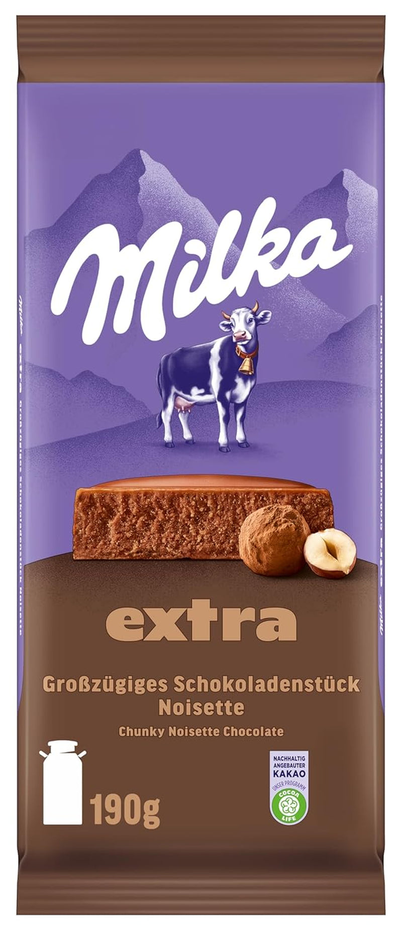Milka Extra Noisette – Chocolat au lait alpin fourré délicatement et crémeux aux noisettes – 15 x 190 g