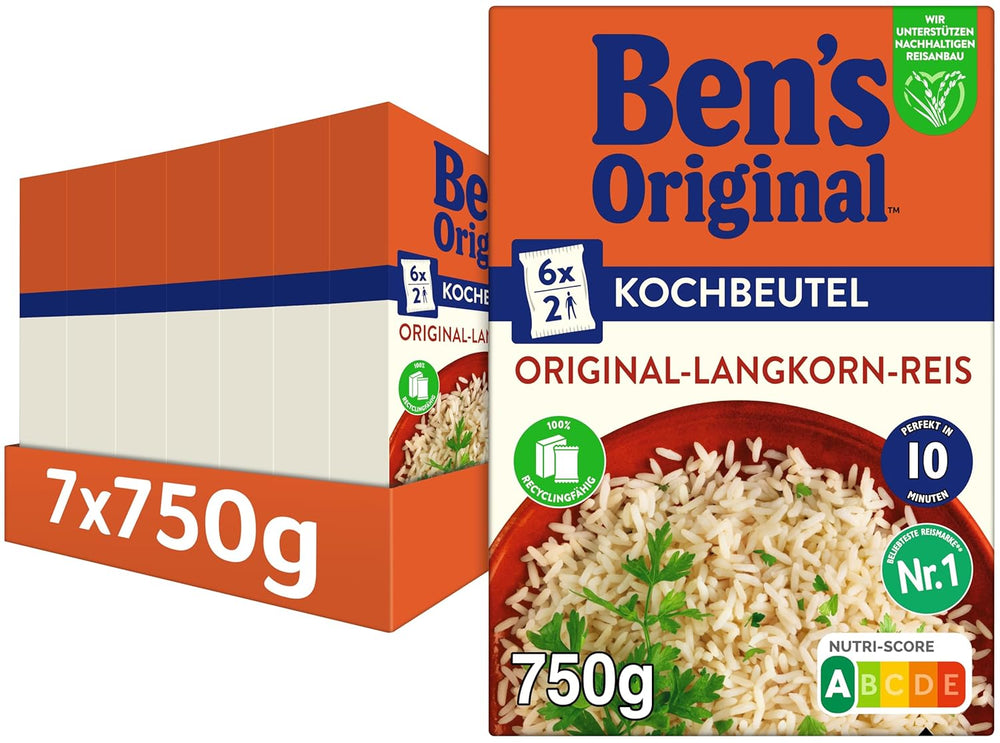 Riz à grains longs BEN'S ORIGINAL™, bouilli en sachet, 10 minutes, 6 x 1 kg