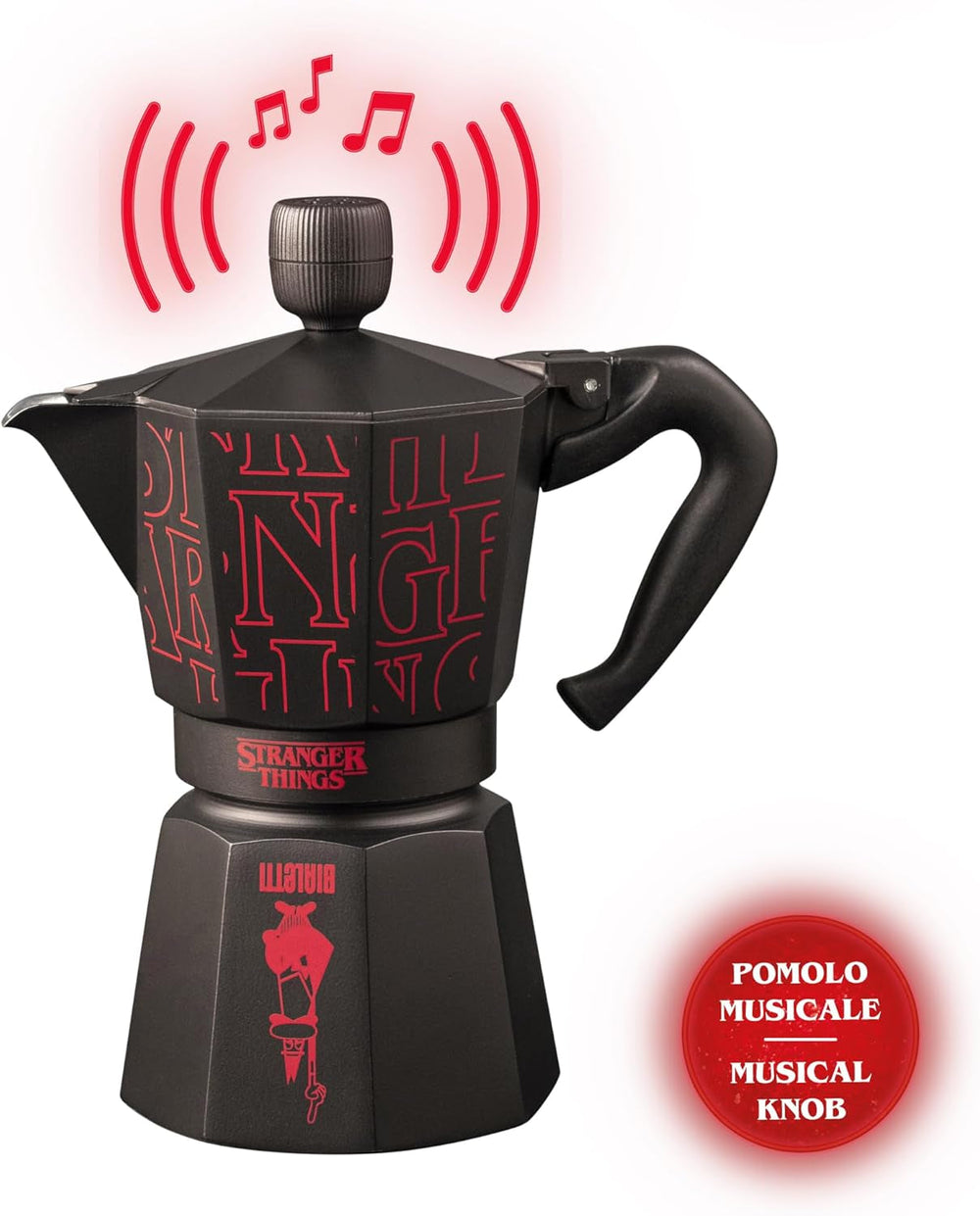 Bialetti Moka Express Stranger Things Cafetière 6 tasses, bouton musique avec fonction de chargement USB-C, ne convient pas aux plaques à induction, 6 tasses (270 ml), noir