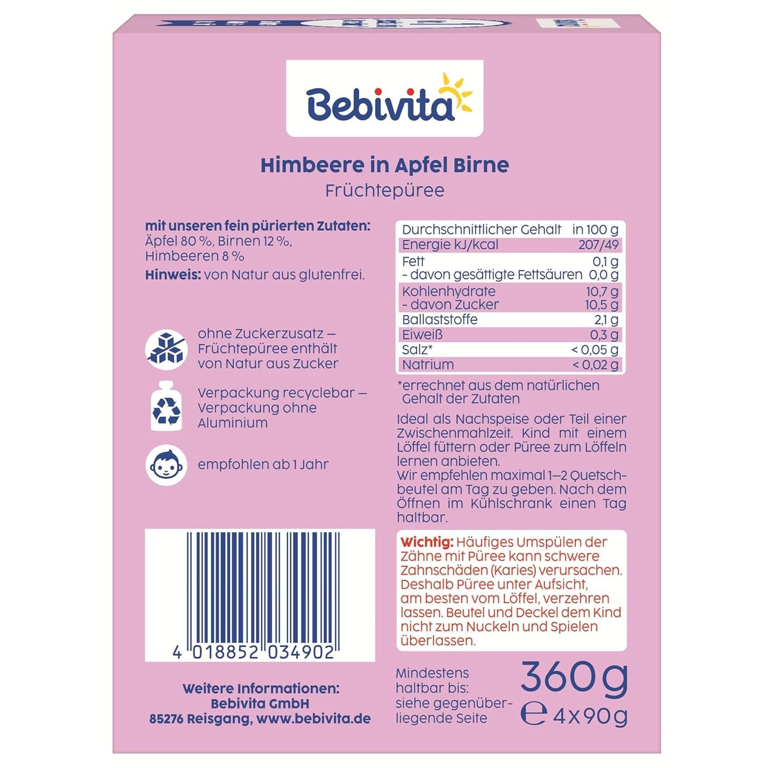 Himbeere in Apfel Birne Quetschie – 16 Stück (4er Pack, je 4 x 90g), sans sucre ajouté, sans gluten, idéal pour les repas et les collations individuelles