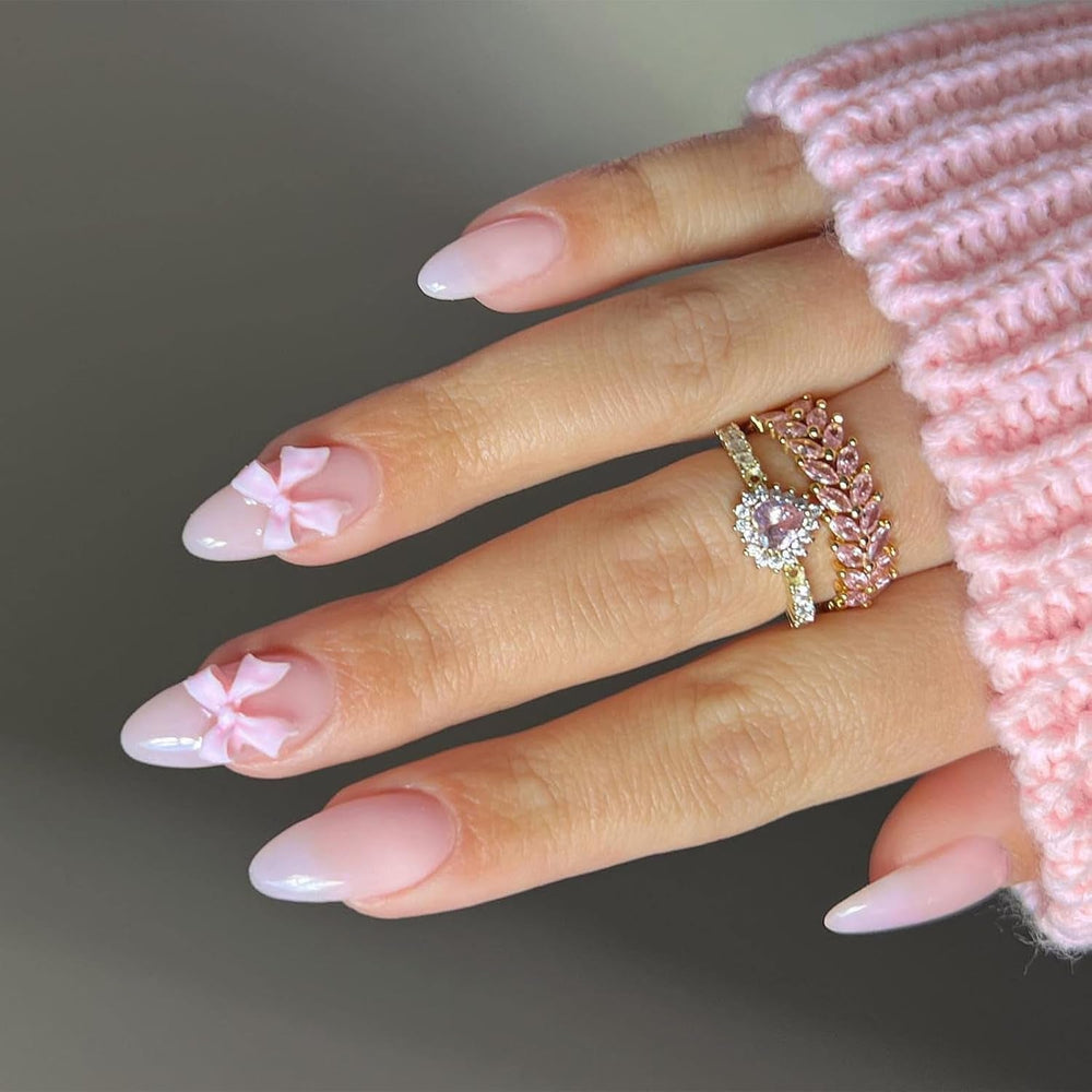 Faux ongles français à pression en amande blanche, 24 pièces, avec nœuds, perles, colle sur faux ongles, paillettes