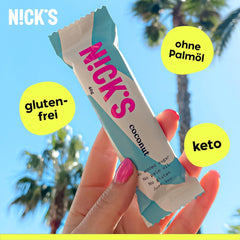 NICKS Keto Barres à la noix de coco, collations au chocolat et à la noix de coco, 175 calories, 2 glucides nets, sans sucre ajouté, sans gluten, bonbons à faible teneur en glucides (15 x 40 g)