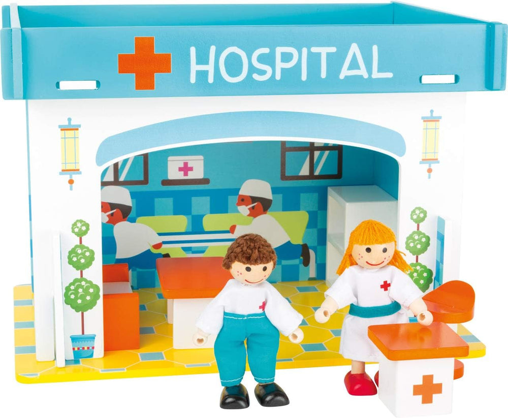 Small Foot 10852 Playhouse Restaurant En bois, Avec 2 figurines de poupée, accessoires et toit amovible, À partir de 3 ans Maisons de poupées Naty Shop Hospital