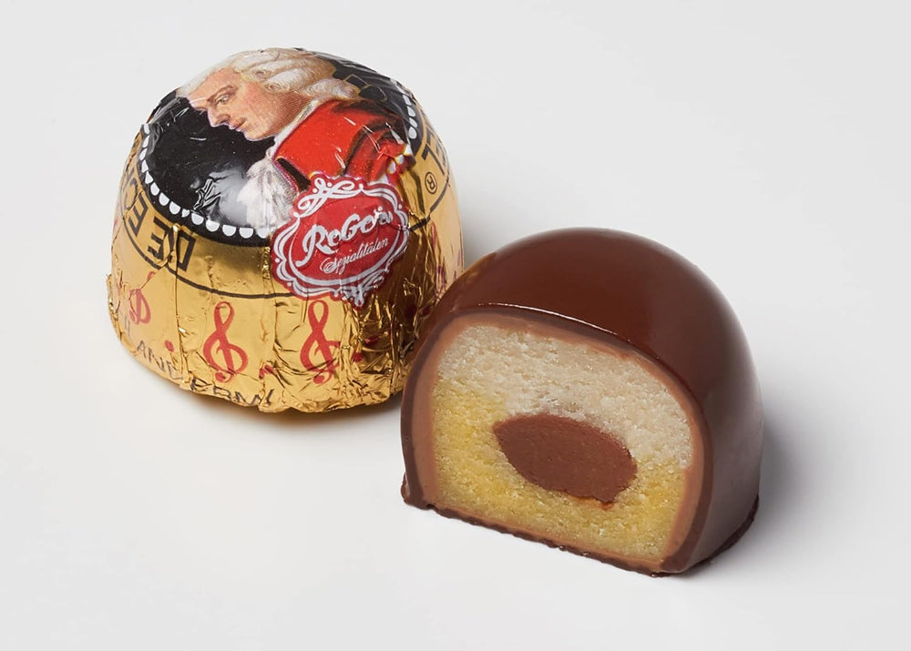 Rebel, Duet Mozart Kugeln, pack de 2, boules Mozart au chocolat noir fourrées à la pistache et pâte d'amande, nougat aux amandes et noisettes, 40g (2 boules Mozart)
