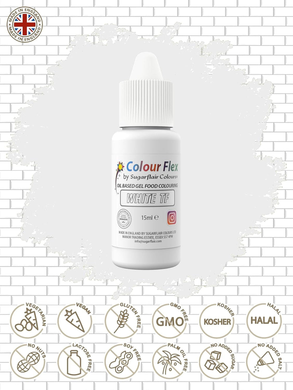 Sugarflair Colourflex Colorant alimentaire à base d'huile blanche, colorant alimentaire liquide hautement concentré, colorant alimentaire pour crème au beurre, chocolat, pâte, fondant, glaçage et plus encore - 15 ml