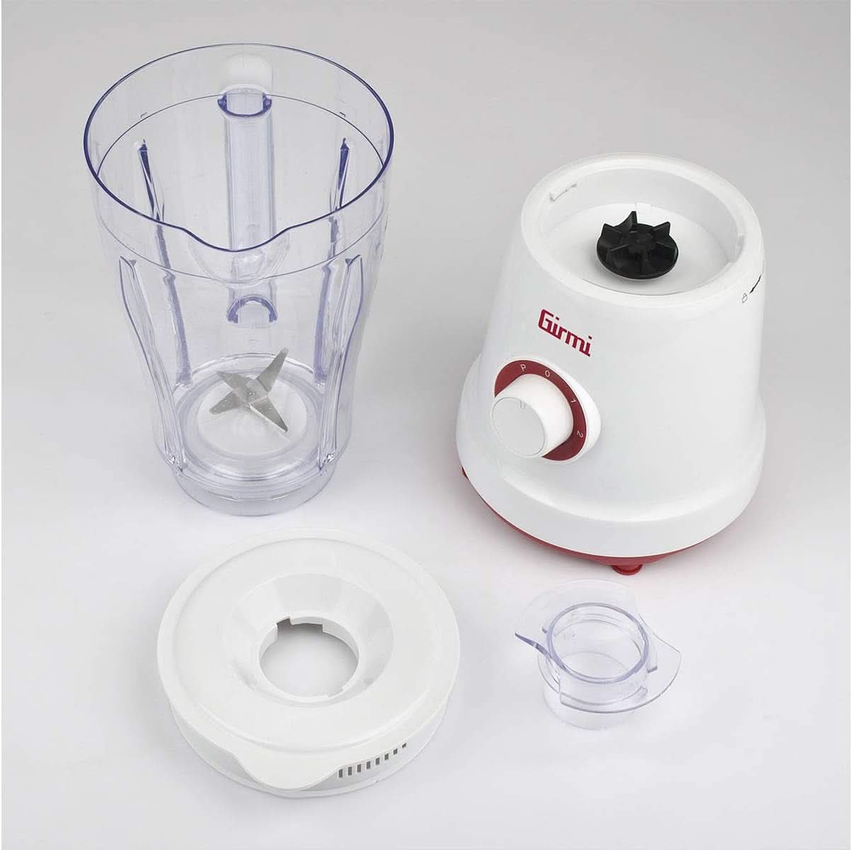 Girmi FR46 Mélangeur électrique, 1,5 litre, 2 vitesses avec fonction impulsion, 4 plaques de cuisson, plateau de mesure, balance avec balance, système de sécurité, blanc/rouge Kitchen Naty Shop