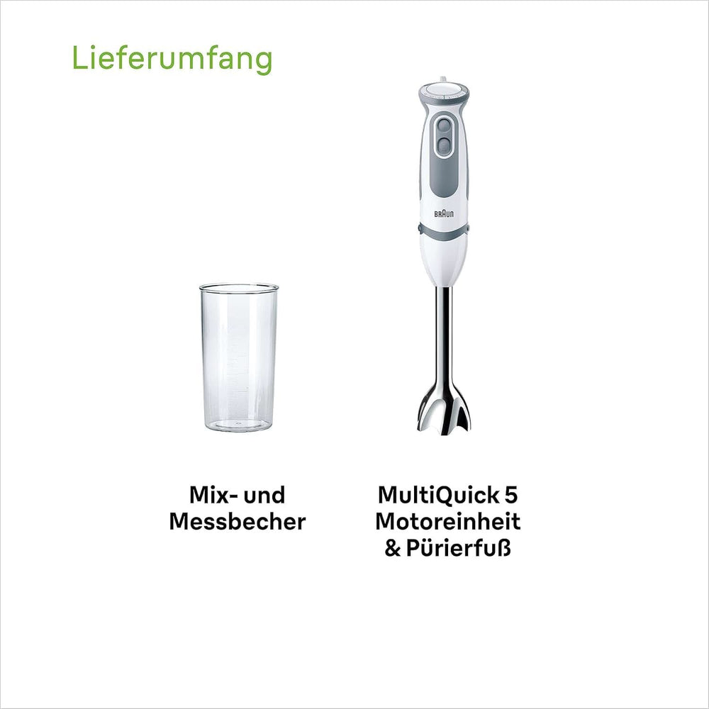 Braun Stabmixer MQ 5200WH - Multiquick 5 Vario Pürierstab Mit Edelstahl Mixfuß, 1000 Watt, Inkl. 600 Ml Mix- & Messbecher, Weiß/Grau Cuisine Naty Shop