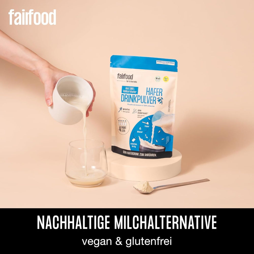 fairfood Bio Haferdrink Pulver 360g - nachhaltige Milchalternative - végétalien, sans gluten et sans huile - jusqu'à 4L Haferdrink - zum Selbermischen - 100% Bio-Vollkornhafer