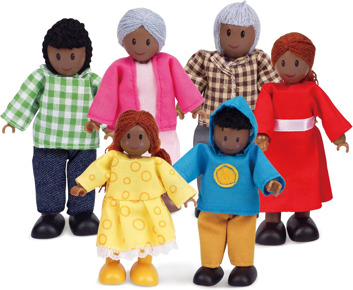 Hape Doll Family - Ensemble d'accessoires de maison de poupée en cuir foncé 6 pièces avec figurines en bois et en tissu, jeu de simulation, jouet éducatif, jouet d'apprentissage interactif pour enfants à partir de 3 ans