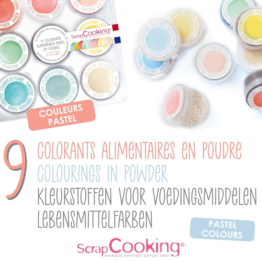 Scrapcooking - Lot de 9 colorants alimentaires pastel - Bleu, Jaune, Corail, Rose, Turquoise, Vert Anis, Blanc, Vert Aqua, Rose Poudré - Poudre colorante comestible pour gâteaux, muffins, macarons - 4272