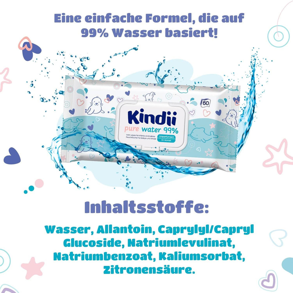 Kindii Lingettes humides pour bébés et enfants - Allantoïne - Sans parfum - Testé dermatologiquement - Pour peaux sensibles Lingettes humides pour bébé Naty Shop