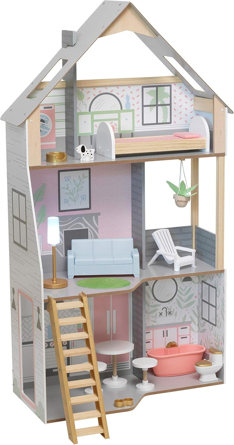 Kidkraft Alina Maison de poupée en bois avec meubles et accessoires pour poupées de 30 cm, ensemble de jeu à 3 niveaux avec chien et escalier mobile, jouet pour enfants de 3 ans, 10229 Naty Shop Dollhouses