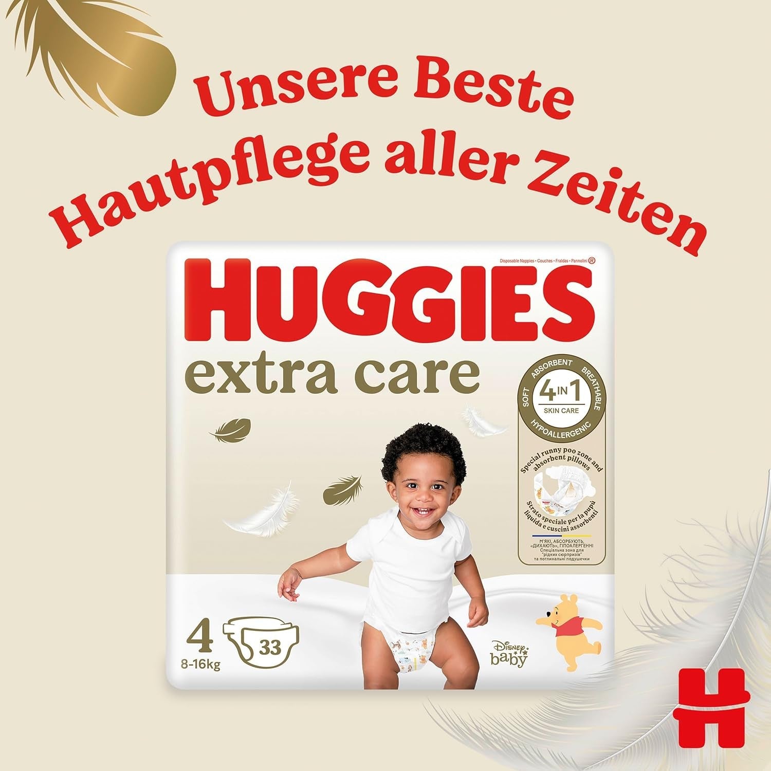 Scutece Huggies pentru bebeluși Extra Care cu design Disney, mărimea 4, 120 de scutece (2x60), cutie lunară