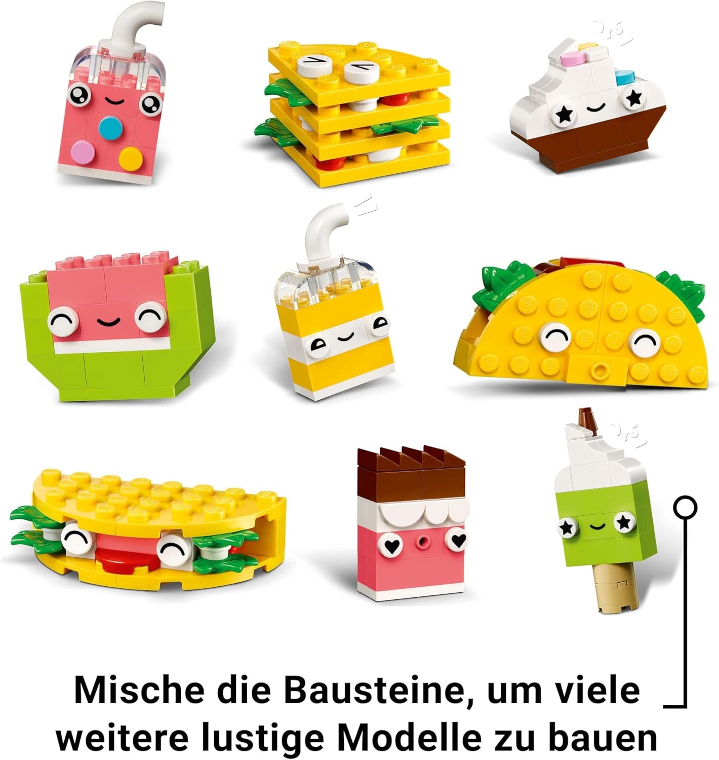 LEGO Classic Kreativer Snack Bauspaß, Spielzeug mit Essen für fantasievolle Rollenspiele, Bauset für Jungen und Mädchen ab 4 Jahren, Cupcake, Avocado, EIS am Stiel und Taco 11039