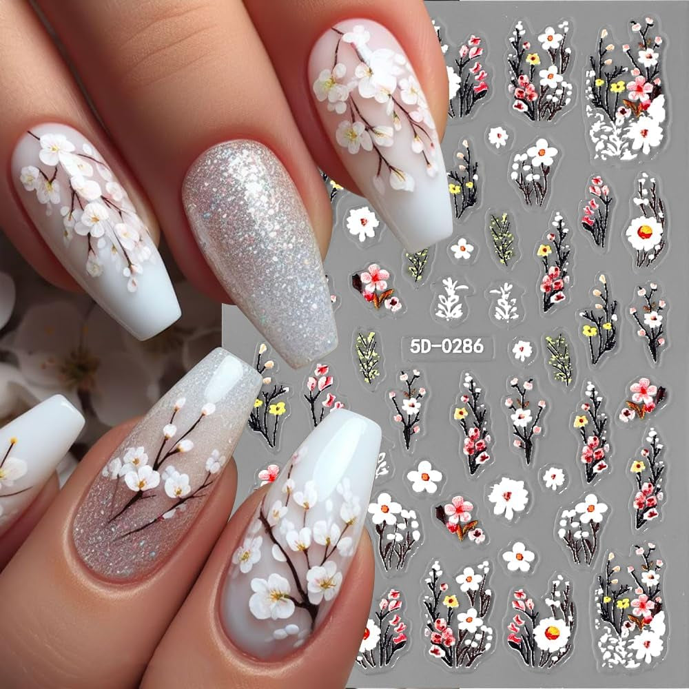 Autocolante pentru unghii cu flori de prun, autocolante pentru unghii cu flori albe și roz, autocolante pentru unghii cu flori în relief, autocolante pentru unghii cu flori de primăvară și vară, design pentru unghii, accesorii pentru unghii, nail art