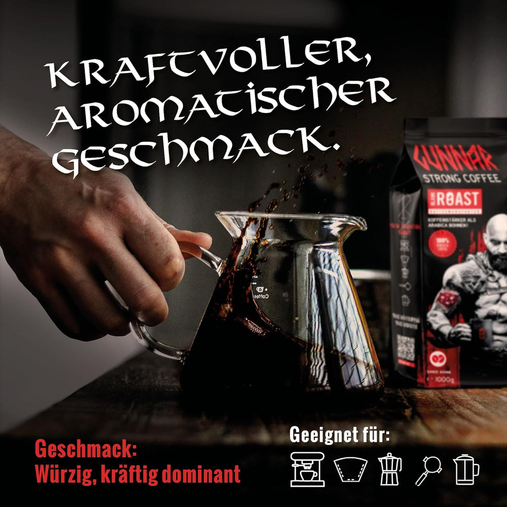 Rôti vierge - GUNNAR - 1kg - Café de Bohême entier extra fort - Kräftige Robusta-Röstung - 494mg Kaffein je Tasse - Würzig & Kraftvoll mit Noten von dunkler Schokolade - Säurearm
