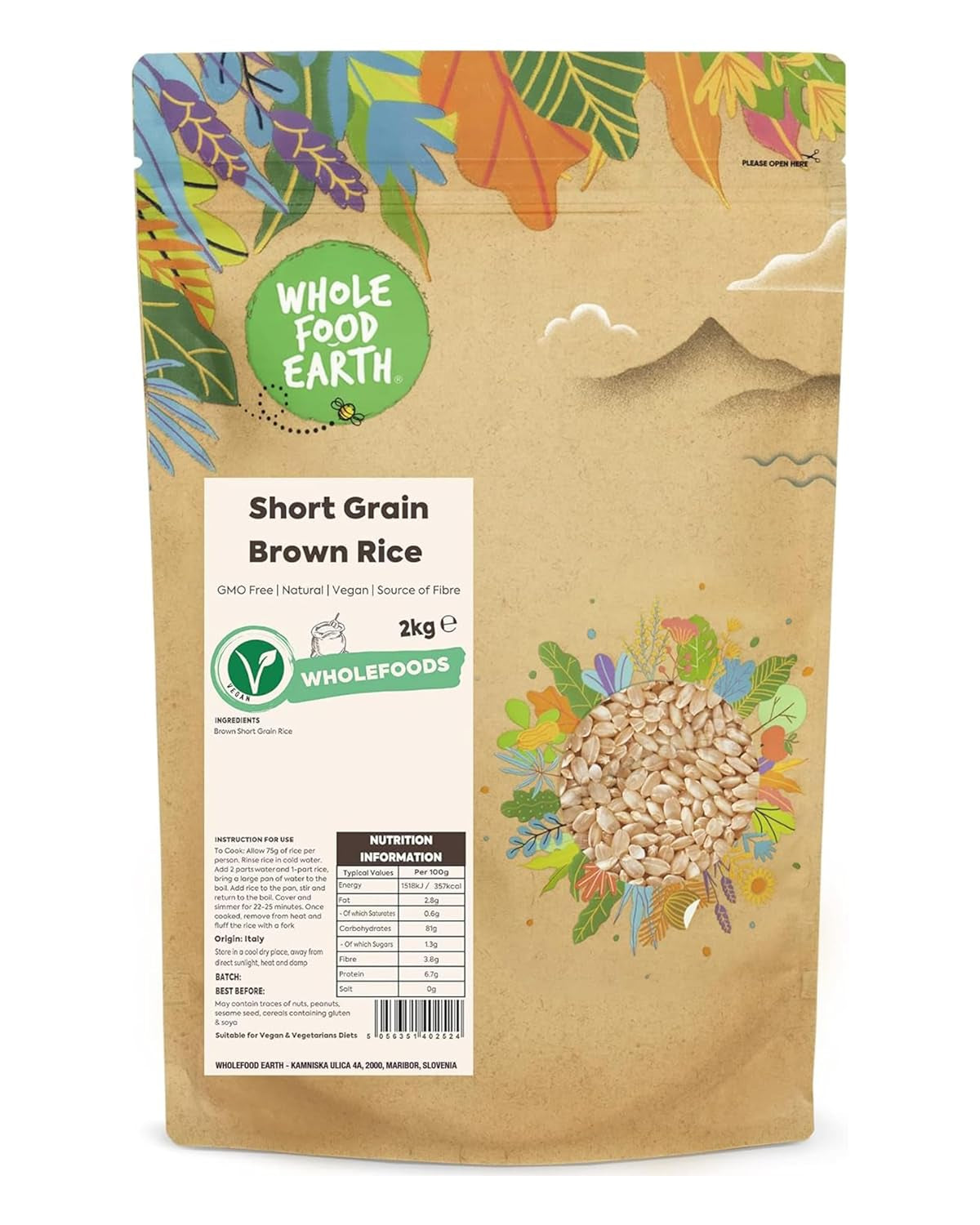 Riz brun à grains courts Wholefood Earth - sans OGM - naturel - végétalien - sans produits laitiers - sans sucre ajouté, 2 kg