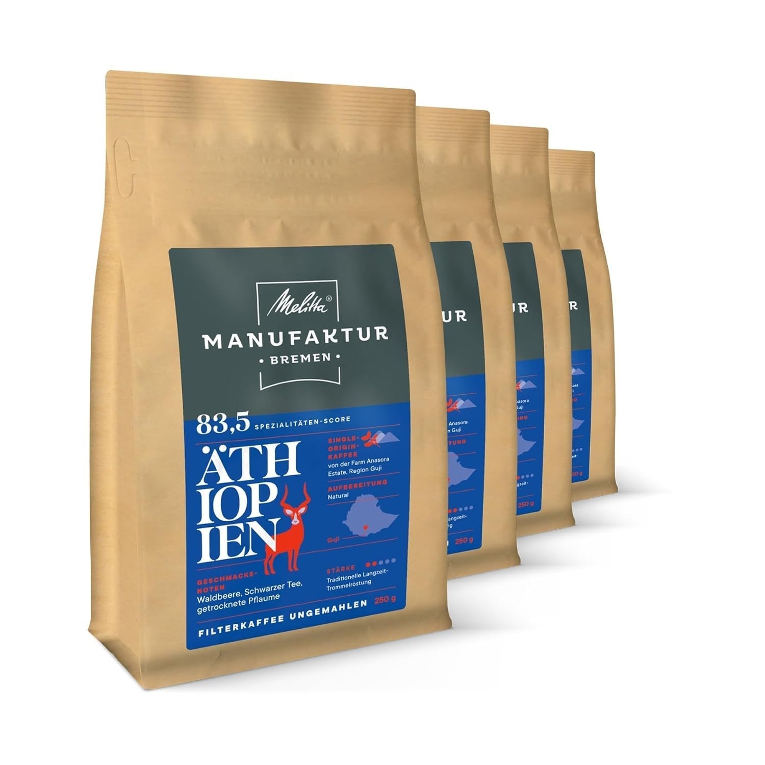 Melitta Manufaktur-Kaffee Miel de Guatemala, café de spécialité, 250 g, grains de café entiers, non moulu, café d'origine unique, torréfaction délicate au tambour, torréfié en Allemagne, force 3 Café Naty Shop 4 x 250 grammes de grains entiers d'Éthiopie