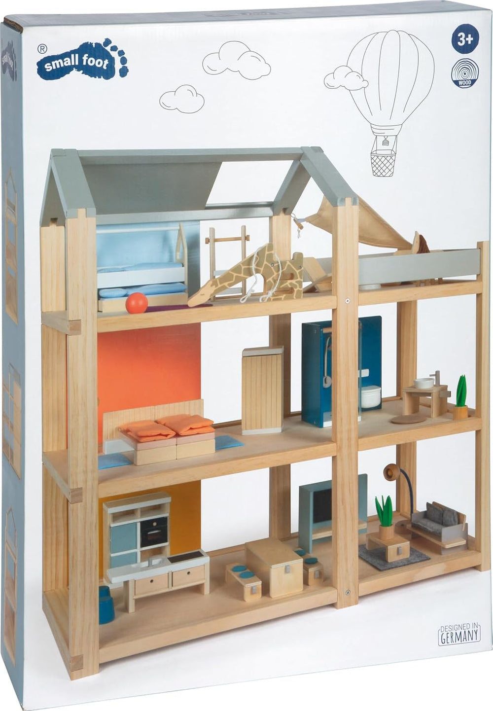 Small Foot Maison de poupée en bois de couleur naturelle – Toit-terrasse à 3 niveaux et ensemble de meubles de 51 pièces encourage le jeu créatif, convient aux enfants de 3 ans et plus, 12541