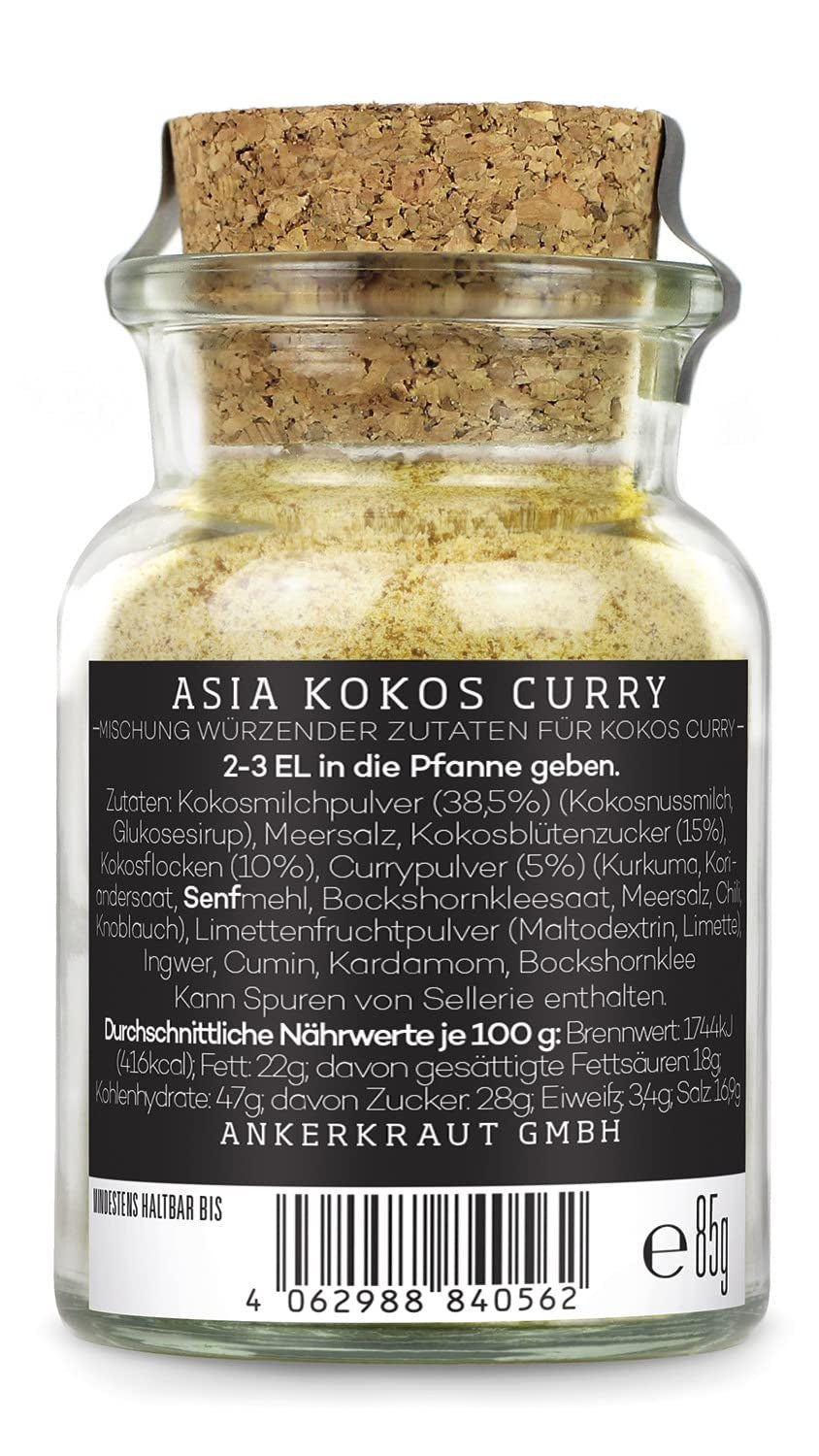 Ankerkraut Asia Kokos Curry, 85g dans un verre en liège, Gewürz für Kokos-Milch Gemüse Fleisch, Einfach Lecker Zu Hause Kochen, Premium Qualität in der Panne