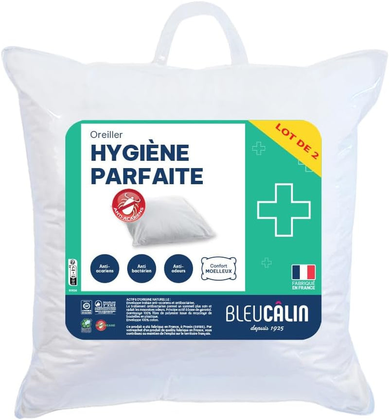 Bleu Câlin Lot de 2 oreillers rectangulaires anti-acariens, antibactériens, confort moelleux, T 60X60 Cm, 100% coton, hygiène parfaite assortiment oreillers standards Naty Shop