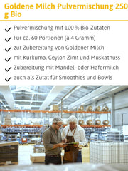 - BIO Goldene Milch Gewürzmischung | Gewürzmischung aus 100 % Bio-Zutaten für die Zubereitung von Goldener Milch. Aussi idéal que Zutat pour Smoothies et Bowls | Contenu : 250 g