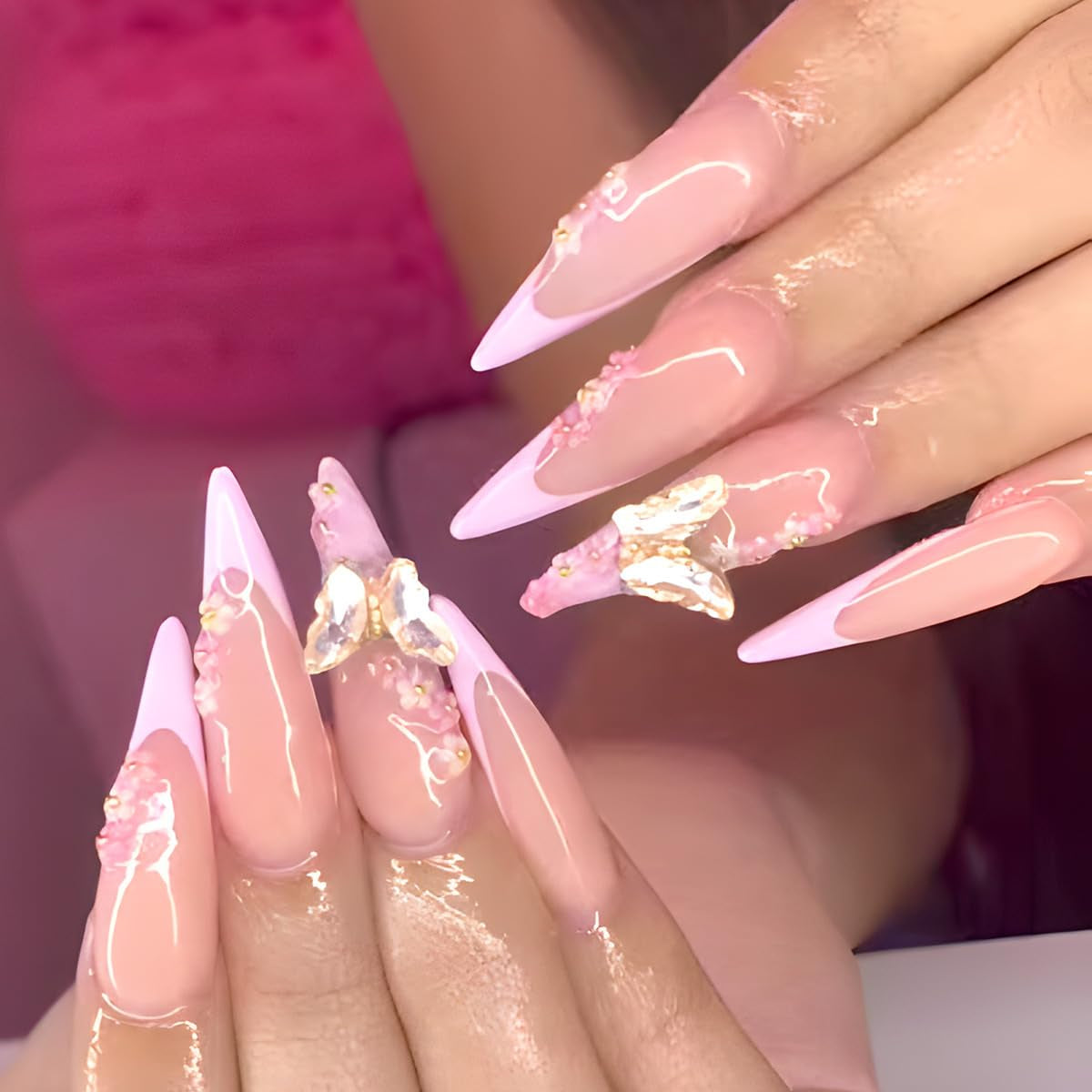 Moonglow longs ongles Stiletto laiteux blanc rose dégradé paillettes Cool faux ongles avec colle rose Ombre paillettes ongles artificiels