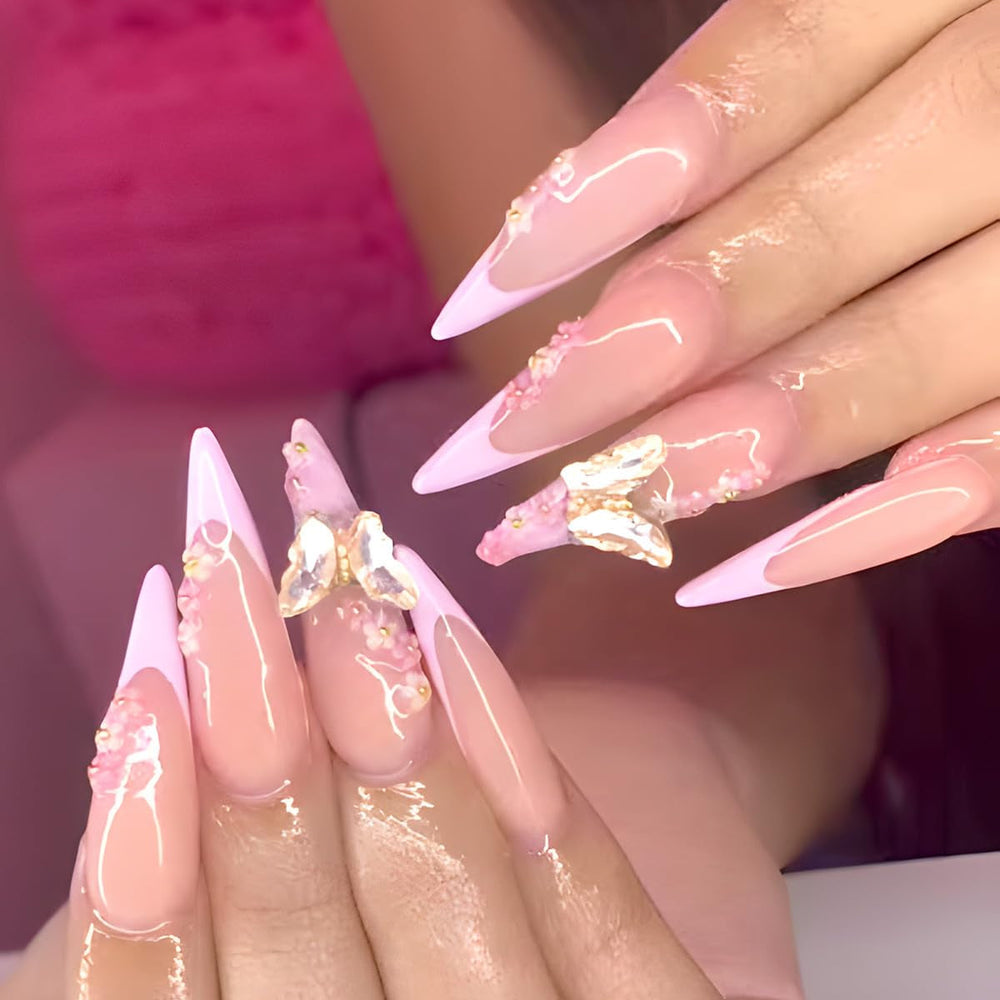 Moonglow longs ongles Stiletto laiteux blanc rose dégradé paillettes Cool faux ongles avec colle rose Ombre paillettes ongles artificiels