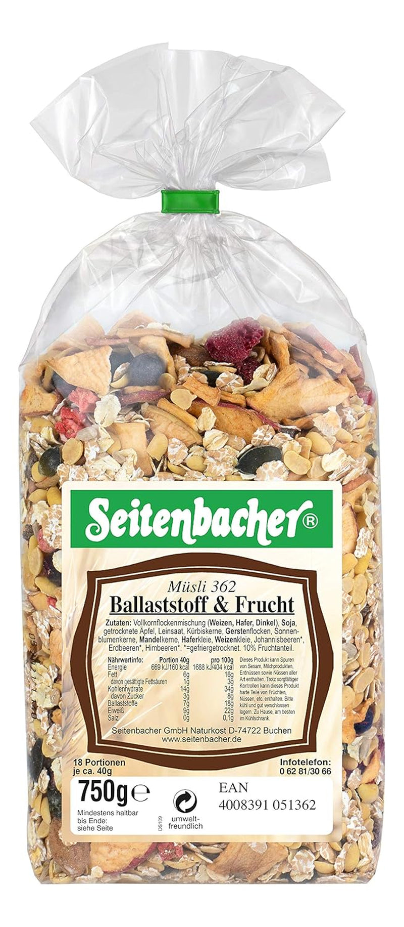Seitenbacher Müsli Ballaststoff Und Frucht I Ohne Zugesetzten Zucker I Ohne Zugesetztes Fett I (1 X 750 G) Céréales Naty Shop 1