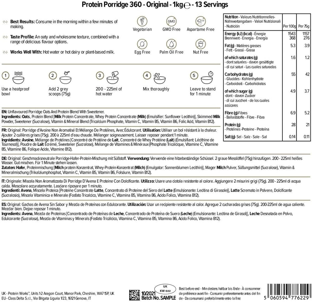 Protein Works - Porridge protéiné 360 | Mythe Vitamines et minéraux supplémentaires | Proteinreiches Frühstück | Kalorienarme Haferflocken | 13 portions | Naturel | 1Kg Céréales Naty Shop