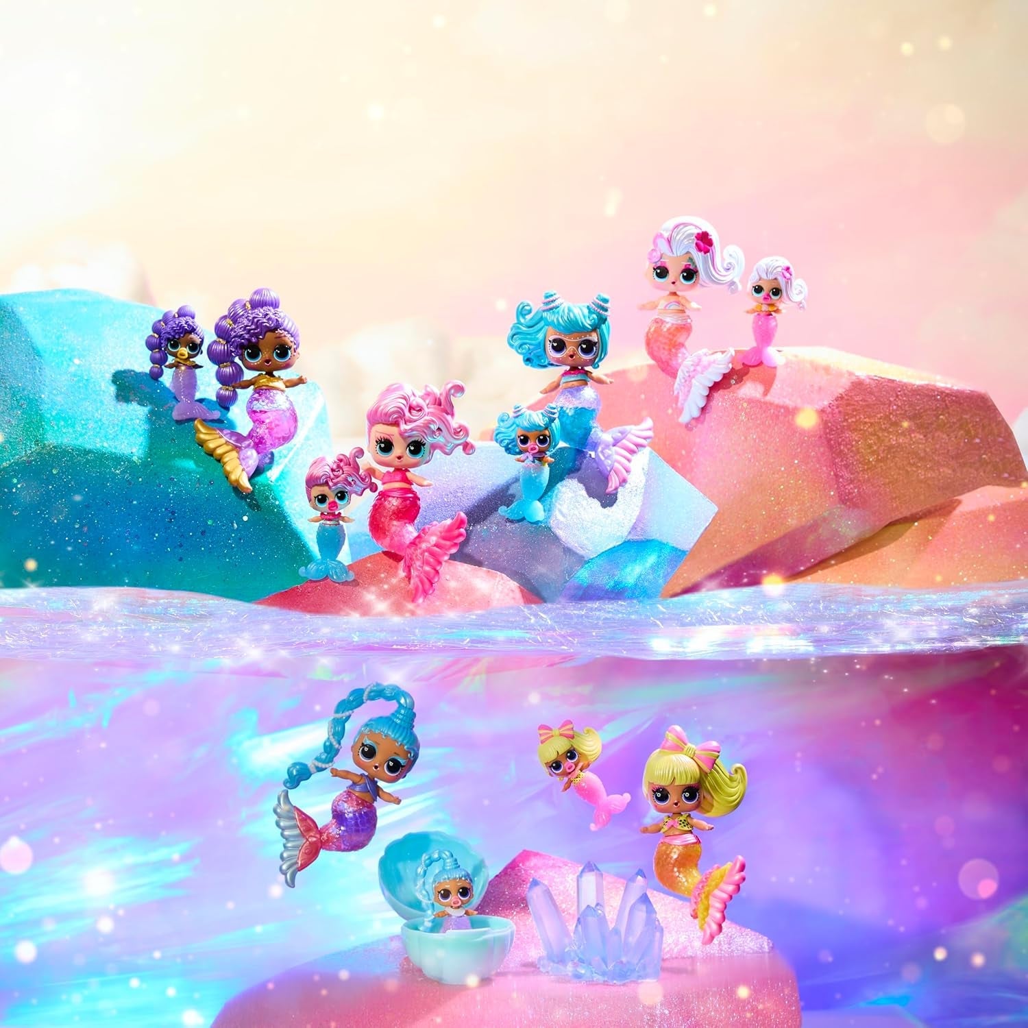 L.O.L. Surprise! Mermaids Makeover Magic Baby Sisters – Farbwechselnder Meerjungfrauenschwanz mit Muschel-Kugel zum Ausstellen, 6 Puppen zum Sammeln – ab 4 Jahren, Series 1