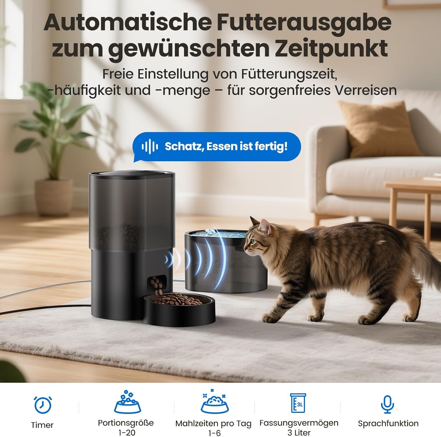 3L Automatischer Katzenfutterspender 2.5L Katzenbrunnen-Set, geräuscharmes App-steuertees Fernfütterungsgerät mit 10 Mahlzeiten per Tag, Anti-Verstopfungs-Design, idéal pour Katzen & Welpen