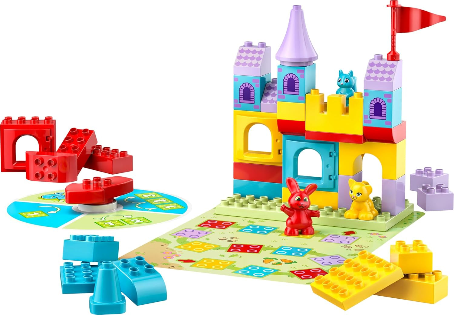 LEGO DUPLO Hopsys Burgspiel - Lernspielzeug zur Förderung der Motorik für Kleinkinder - 3 Tierfiguren, Spielzeugschloss & Brettspiel mit Drehscheibe - Geschenk für Mädchen & Jungen ab 3 Jahren - 10450