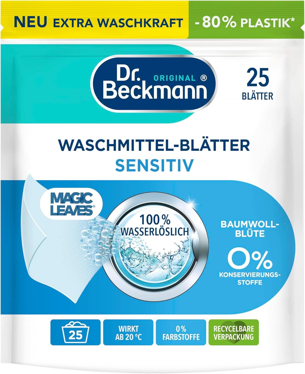 Feuilles détergentes Dr Beckmann MAGIC LEAVES COLOR | Feuilles de lavage prédosées et solubles dans l'eau | Gain de place et facile à utiliser | 25 feuilles Naty Shop Détergents à lessive 25 pièces Sensitive
