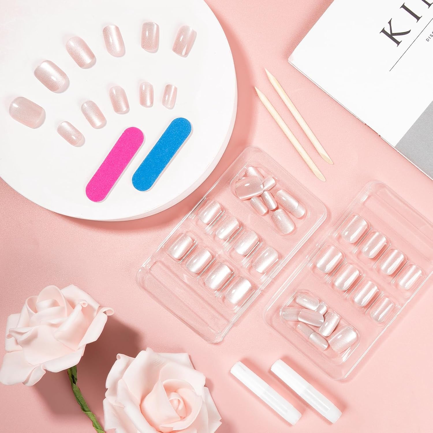 Kiiwah 48 pièces ongles carrés courts ongles artificiels roses colle sur bouts d'ongles courts faux ongles