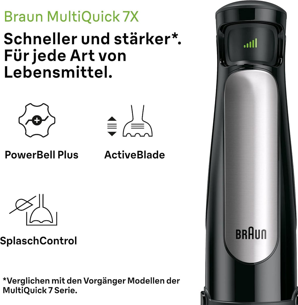 Braun Multiquick 7 MQ 7035X Stabmixer - Pürierstab Mit Abnehmbarem Edelstahl Mixfuß Mit Activeblade Technologie Zum Pürieren Der Härtesten Ingredient, Inkl. Ensemble de 3 pièces, 1000 watts, Schwarz Kitchen Naty Shop