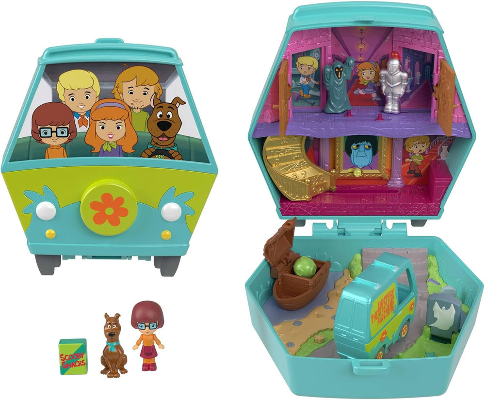 Polly Pocket x Scooby-DOO Partnership-Schatulle, Minipuppen und Spielset, Scooby-DOO und Velma Dinkley Puppen, Mystery Machine Spielzeugauto, JKC85