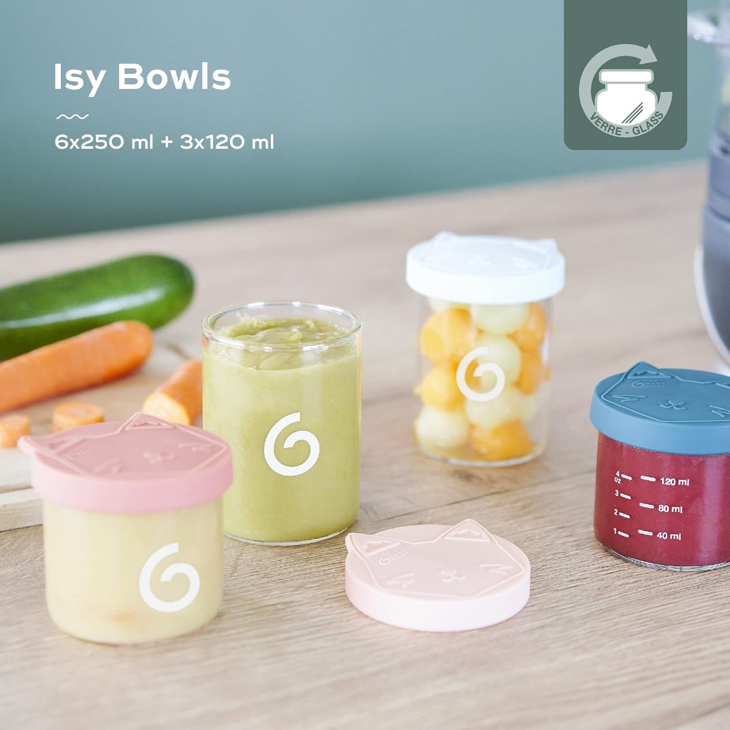 Babymoov ISY BOWLS boîtes à nourriture pour bébé en verre robuste et résistant à la température - pour conserver/congeler les aliments pour bébé, 6x 250ml + 3x 120ml Boîtes de conservation Naty Shop