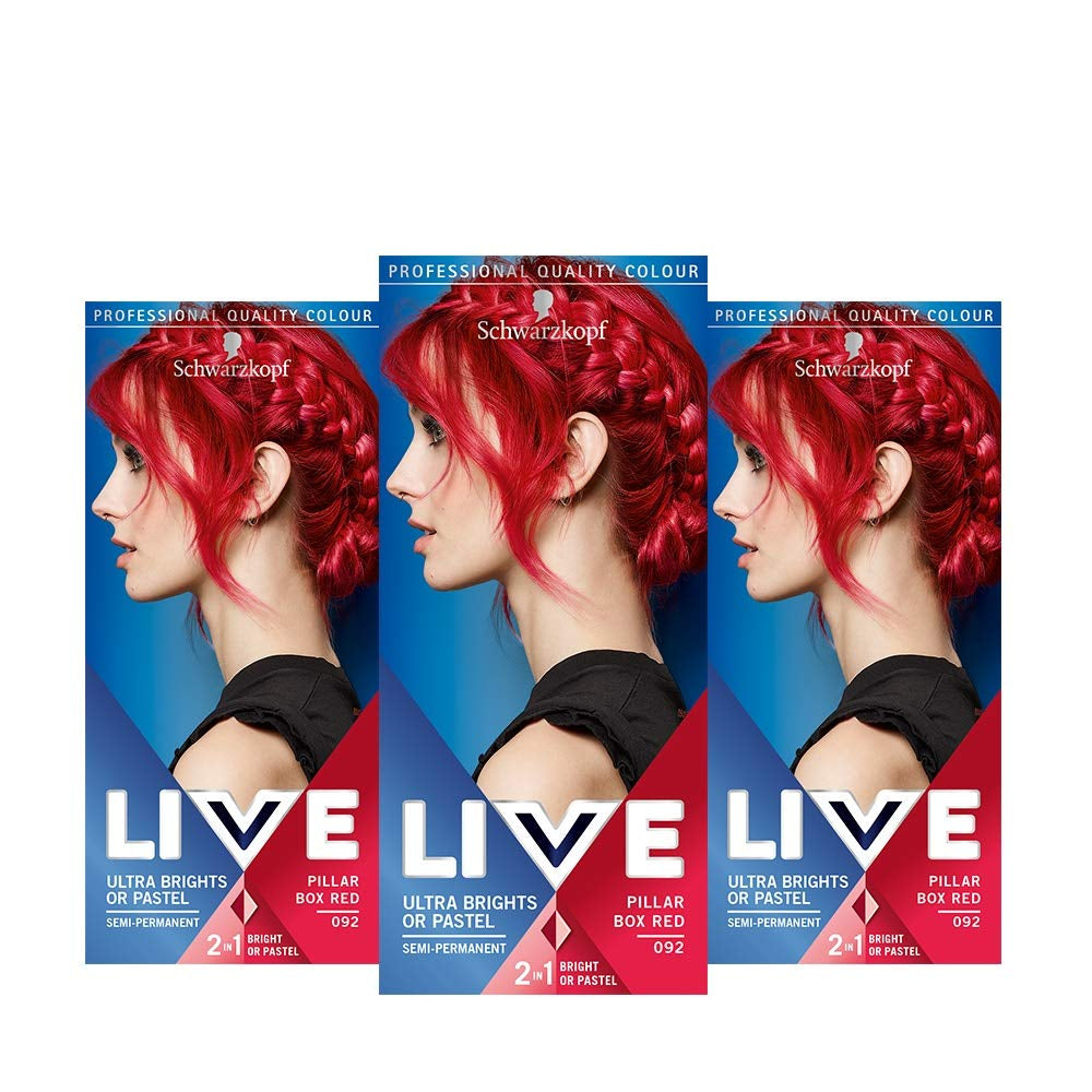 Live Ultra Bright ou Pastel Red Hair Dye 3 Pack Semi Permanent Color dure jusqu'à 15 lavages - 092 Pillar Box Red Naty Shop Pillar Box Red Hair Dye 3 Pack (Pack de 1)