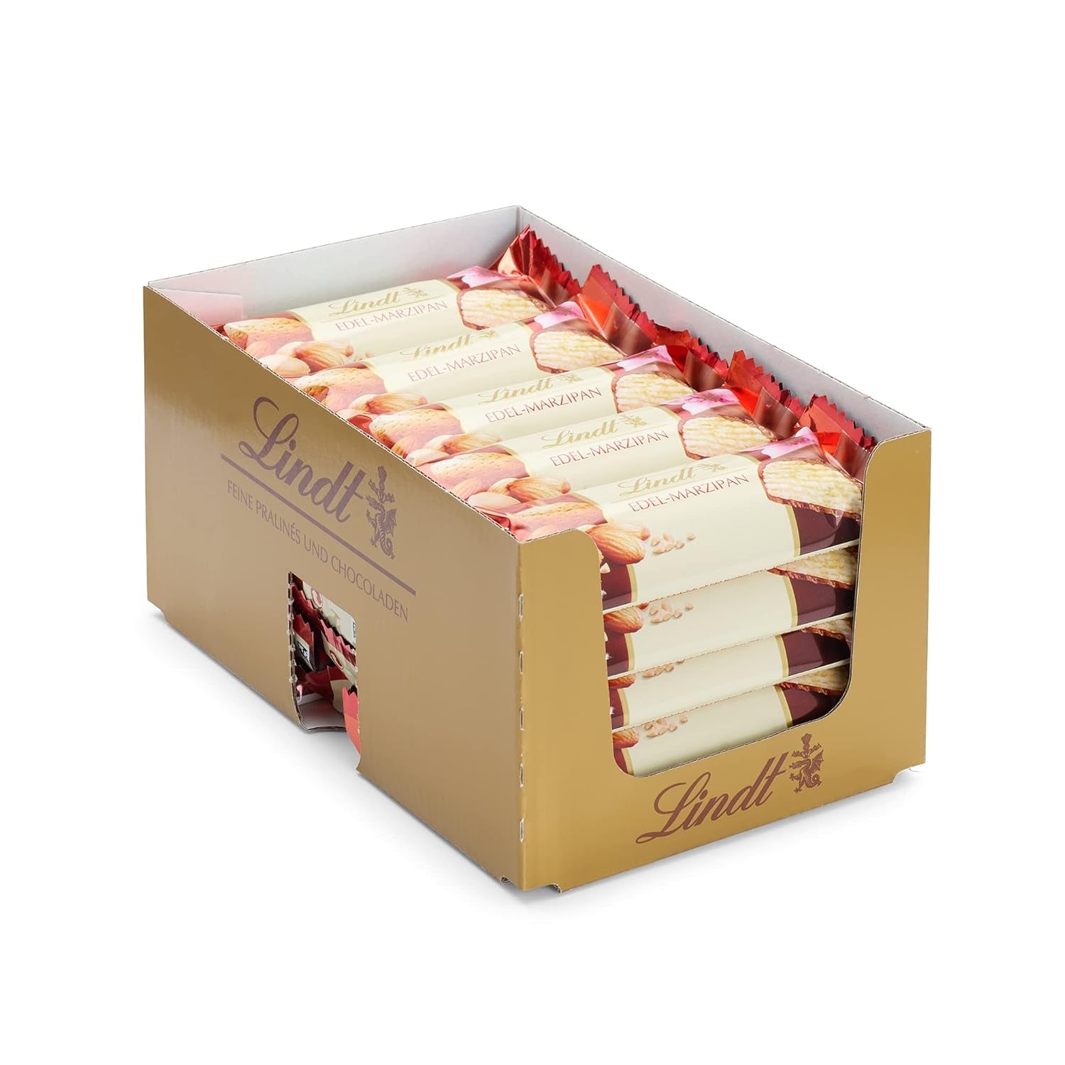 Présentation du dessus de chocolat Lindor | 1718 g et tablettes de chocolat à la pâte d'amande | 25 barres x 50g en présentoir | 1250g | Pâte d'amande pure recouverte de chocolat noir | Barres de chocolat