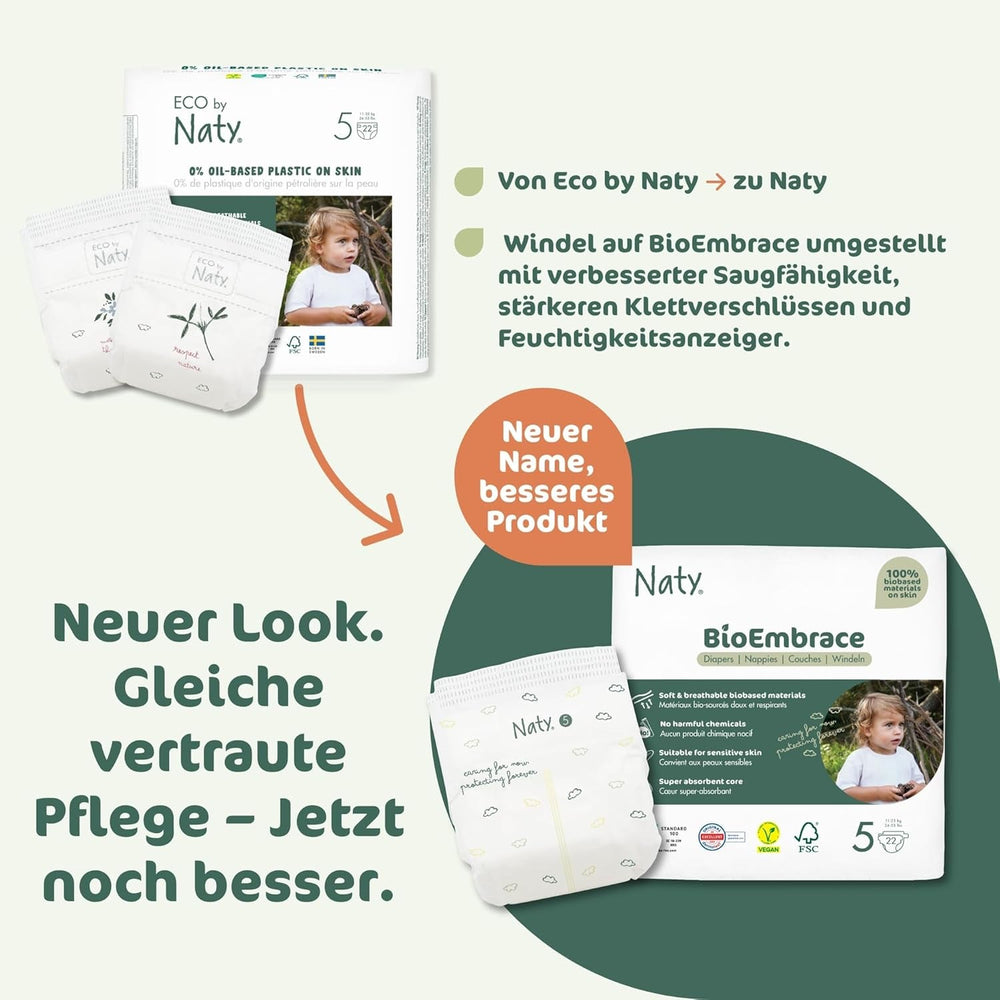 Scutece pentru bebeluși Naty BioEmbrace, mărimea 5 (11–25 kg) | 100% materiale pe bază de plante, delicate cu pielea | Moliciune respirabilă, testate dermatologic, absorbție excelentă | 80 buc.