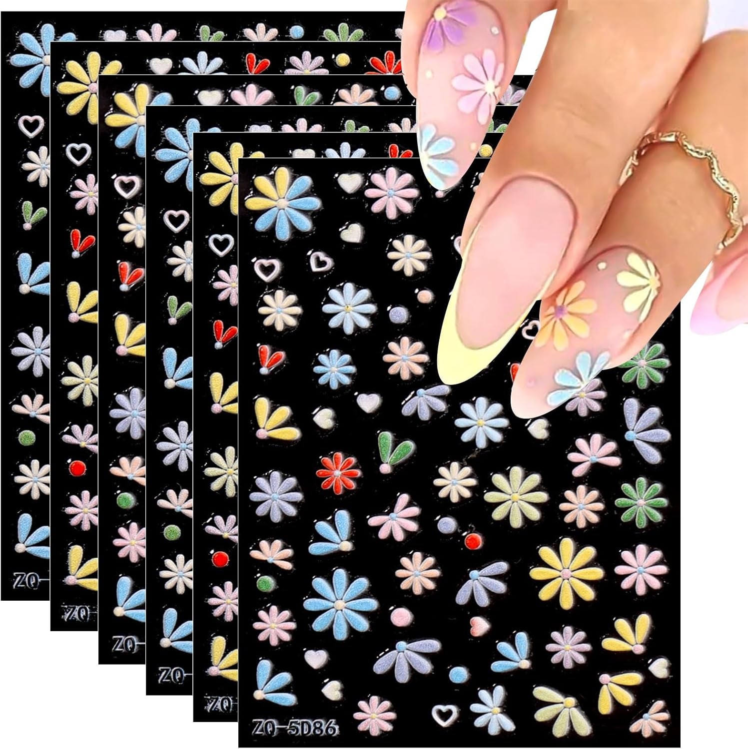 JMEOWIO 3D Nagelsticker Frühling Blumen 5 Blatt Nagelaufkleber 5D Stereoskopisch Selbstklebend Bunte Blüte Nail Art Sticker Décoration Nageldesign Zubehör