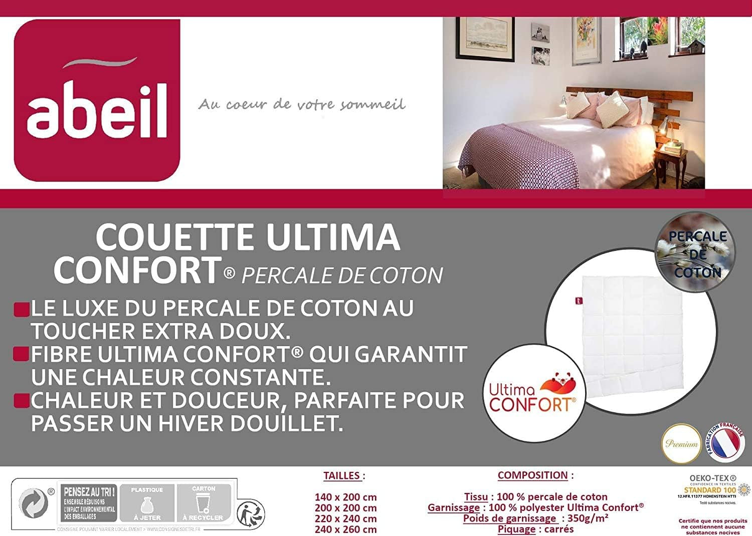 Couette en coton percale Abeil Premium Ultima Confort, 200 X 200 Cm Couettes et couettes Naty Shop