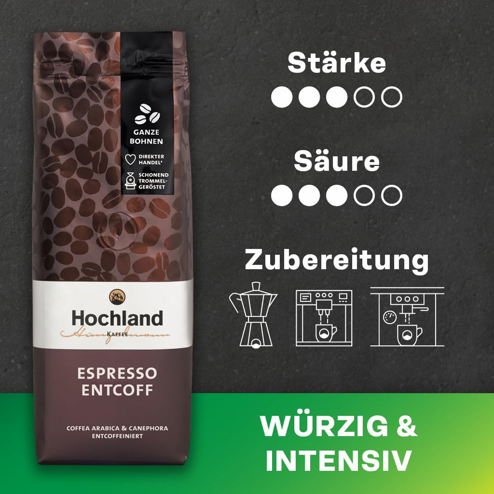Highland Coffee – Espresso décaféiné (250g) – Décaféiné, fort et harmonieux – Chocolat noir, bois de cèdre, malt – Pour porte-filtre et machines à expresso automatiques – Arabica et Robusta – Amérique Latine et Inde