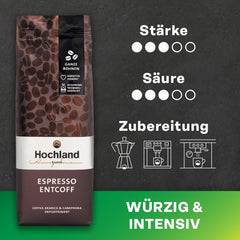 Highland Coffee – Espresso décaféiné (250g) – Décaféiné, fort et harmonieux – Chocolat noir, bois de cèdre, malt – Pour porte-filtre et machines à expresso automatiques – Arabica et Robusta – Amérique Latine et Inde