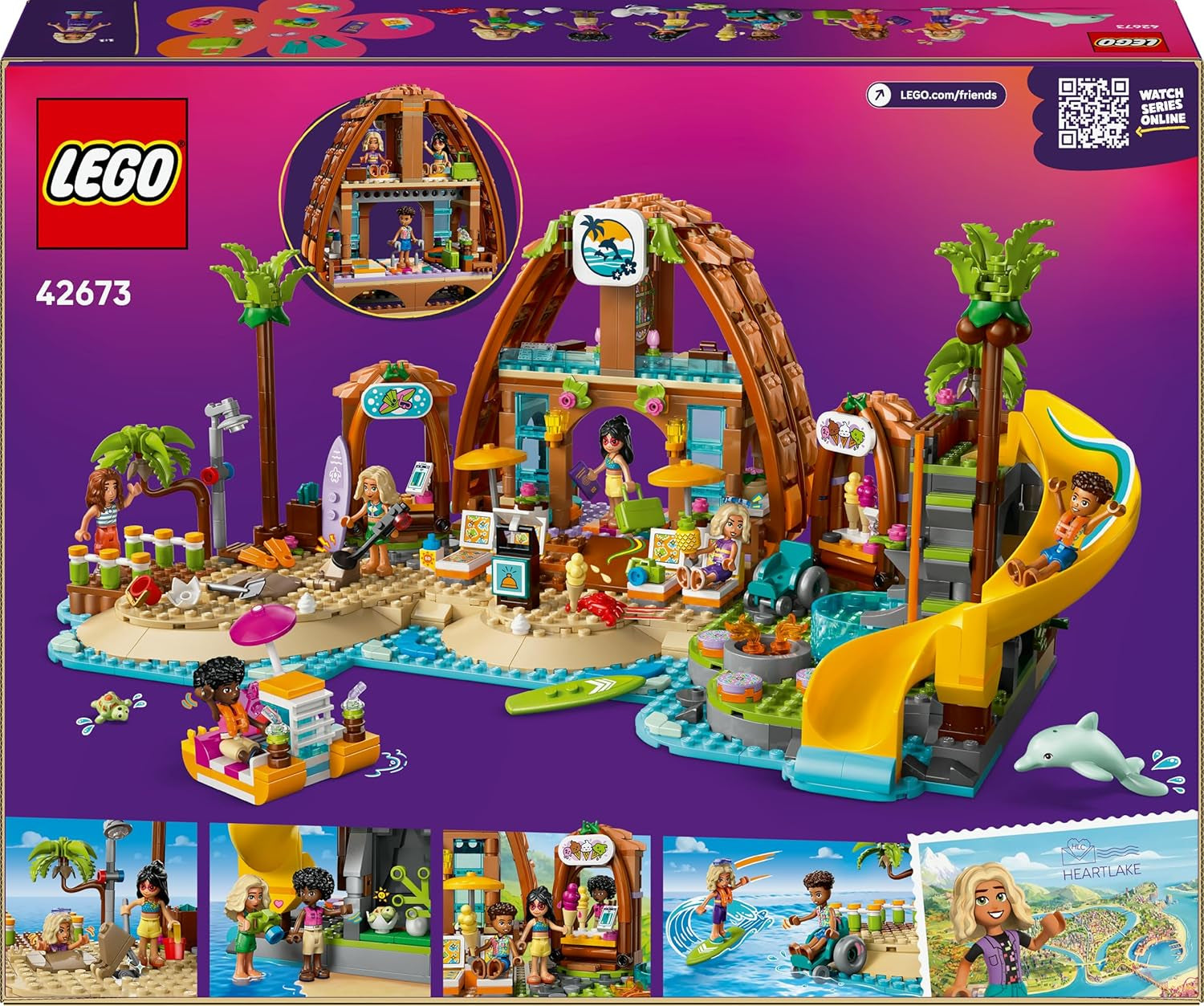 LEGO Friends Familienurlaub im Strandresort - Spielzeug mit 6 Mini-Puppen, Schildkröten- und Delfinfiguren, Eisdiele und Zubehör - Kinder Geschenk für Mädchen ab 8 Jahren - 42673